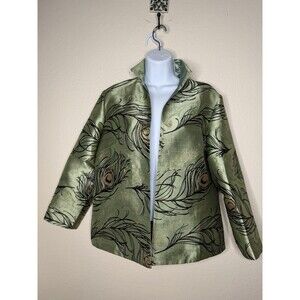 Grace Chuang New York Feather Print Open Jacket Sz S Multicolor Reversible Green